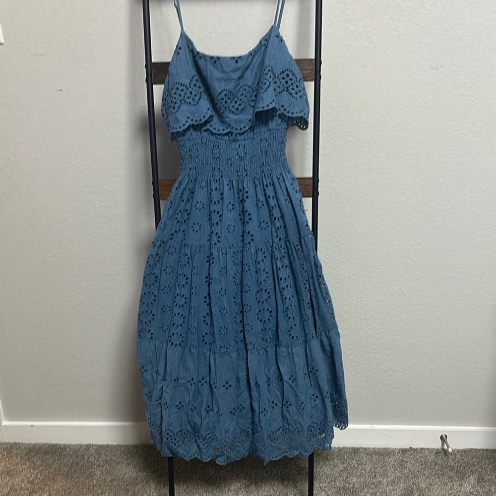 Blue Eyelet Midi Dress